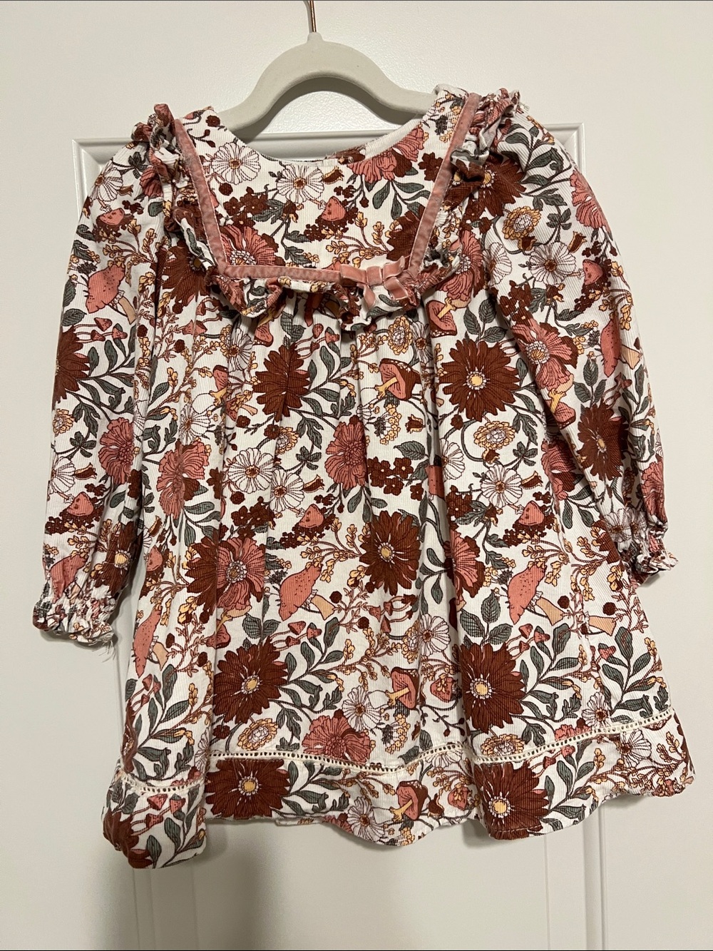 Joie Girls Floral Ruffle Dress in Rust and Pink with knee high socks